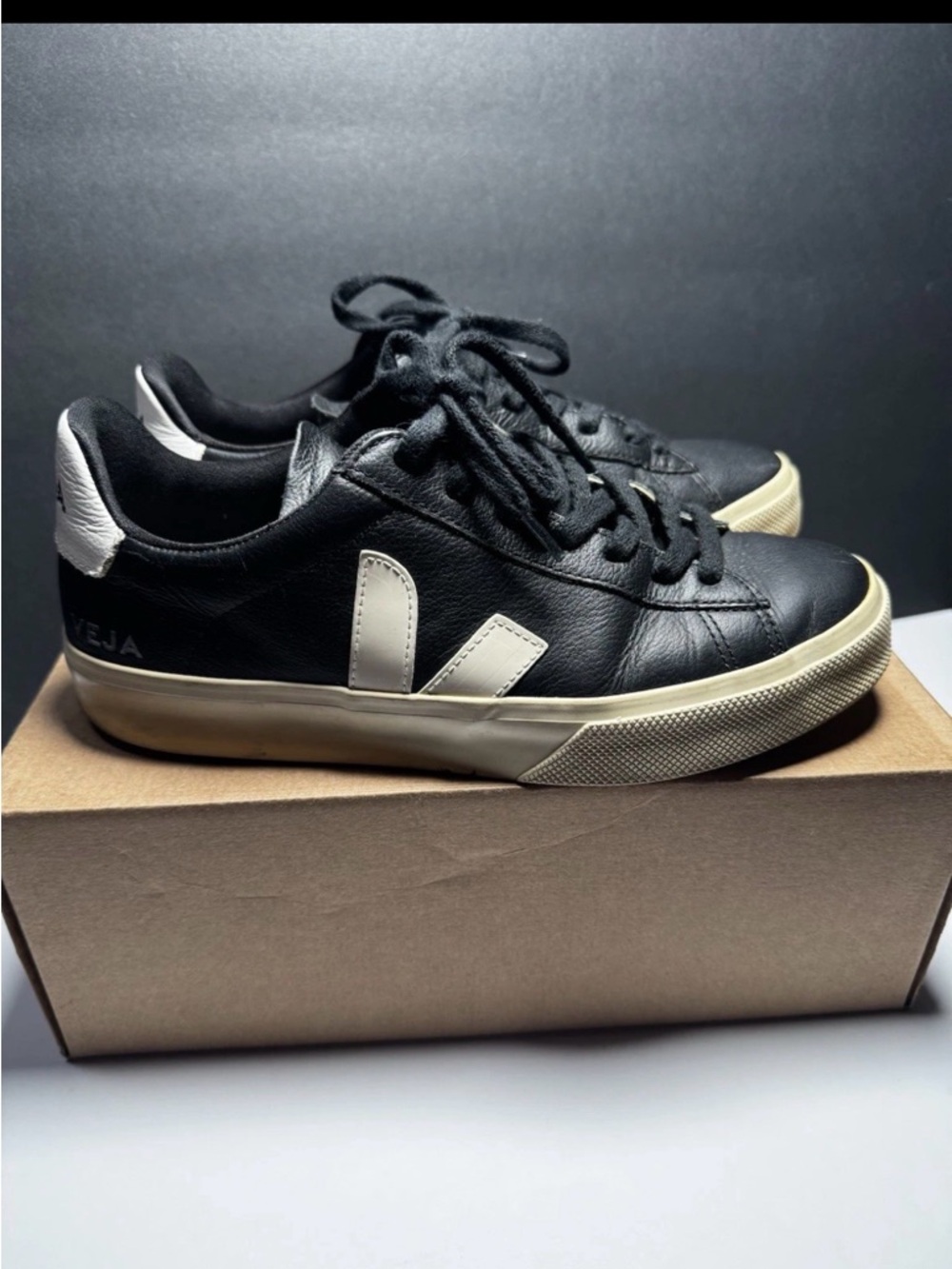 Veja Campo Black Leather Low-Top Sneakers with White V